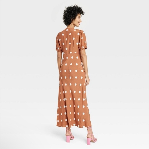 NWT A New Day X Target Crepe Puff Short Sleeve Brown Polka Dot Maxi Dress sz XXL - Picture 2 of 4